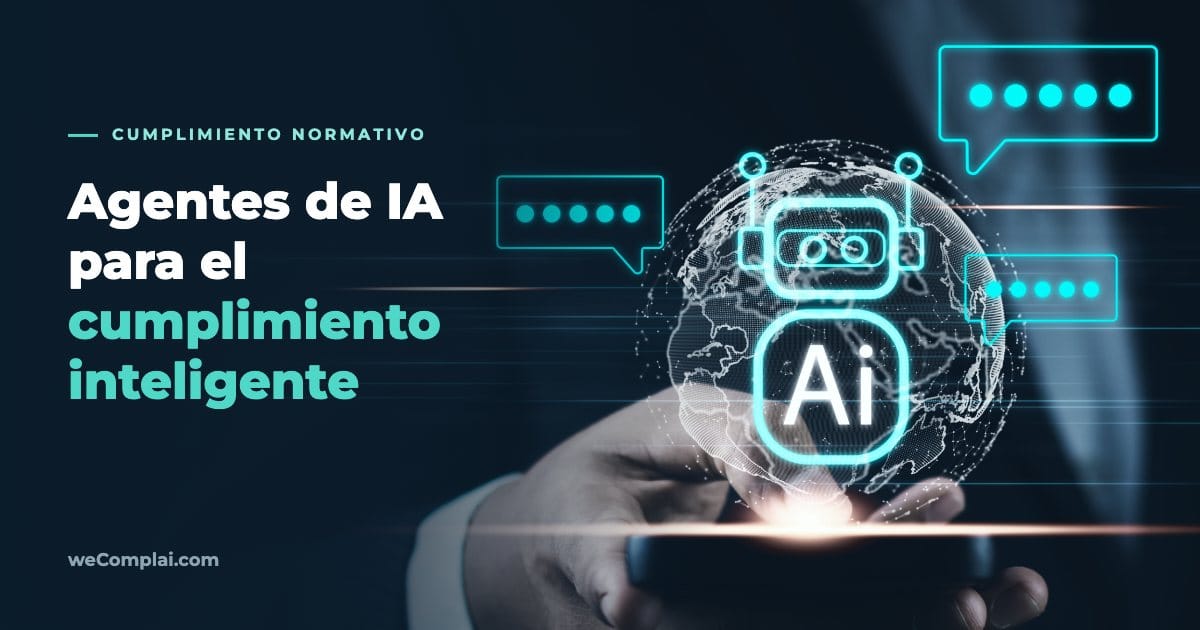 agentes-ia-cumplimiento-normativo Red de nodos conectados representando agentes de IA aplicados al cumplimiento normativo en un panel de control