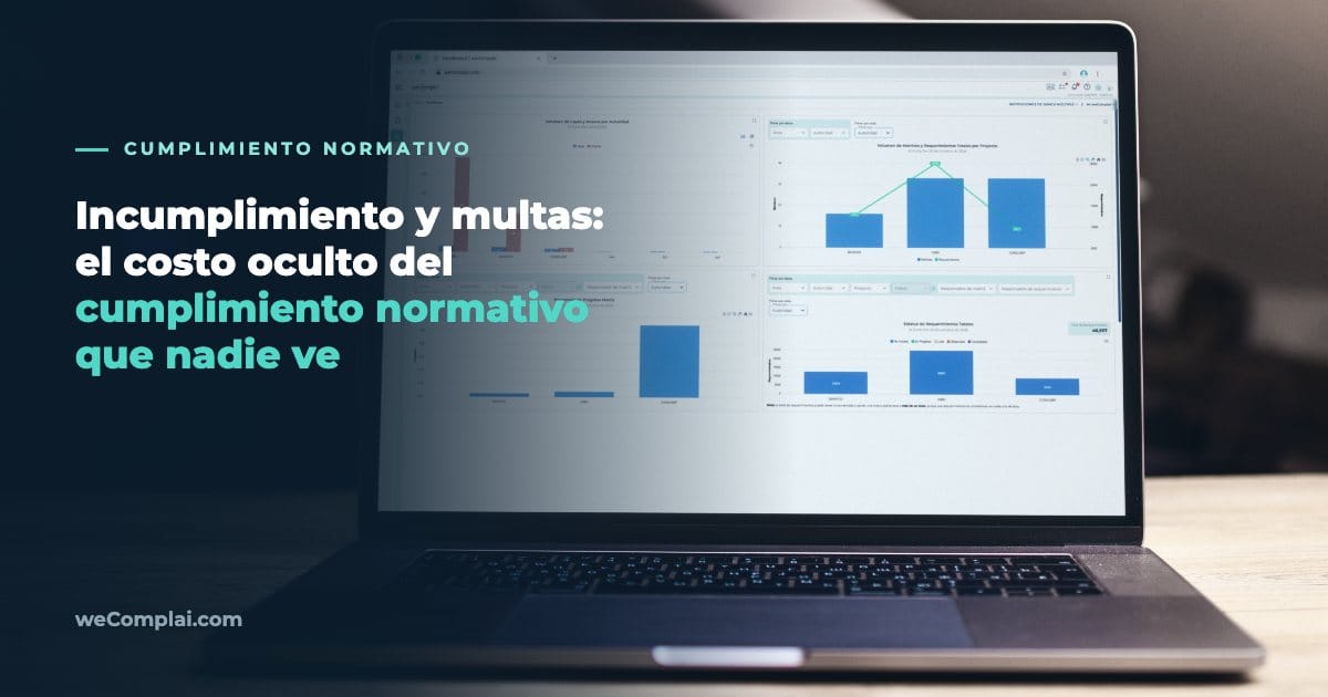 Equipo de cumplimiento revisando un oficio de multa por incumplimiento normativo y un tablero de obligaciones pendientes